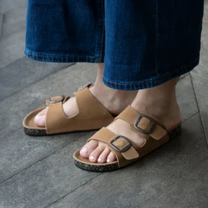 Sandales double brides cuir camel